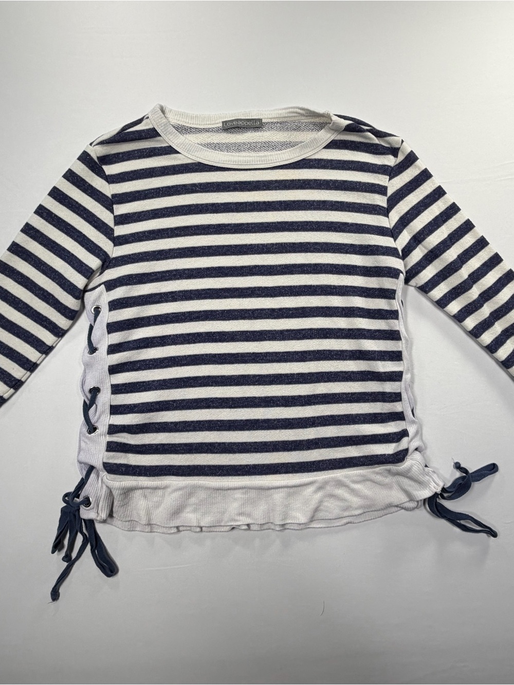 Loveappella Striped Lace Up Sweatshirt Navy White Womens Small Coastal Boho